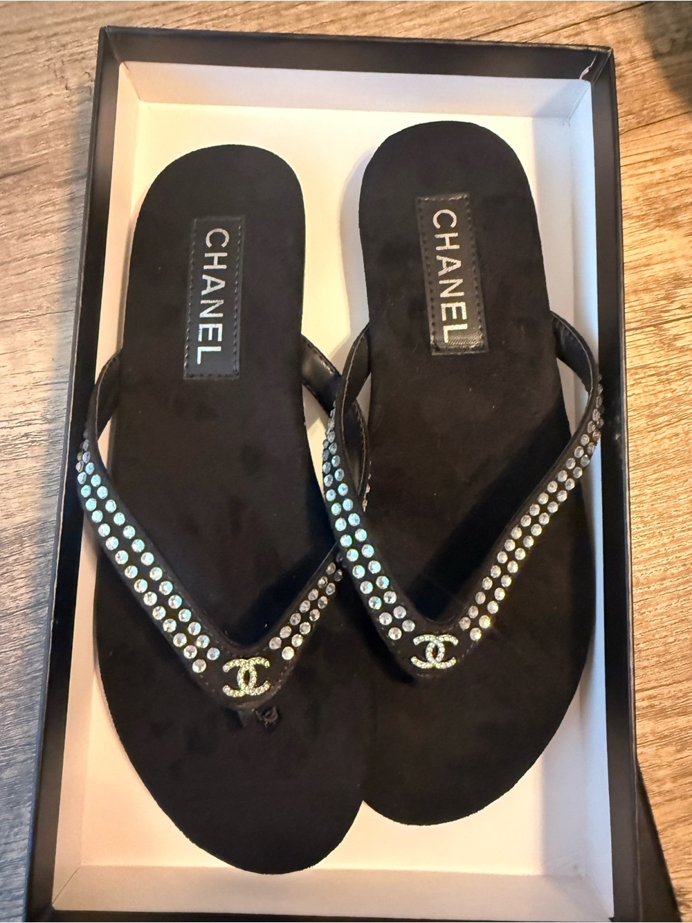CHANEL Black Crystal-Embellished Thong Sandals